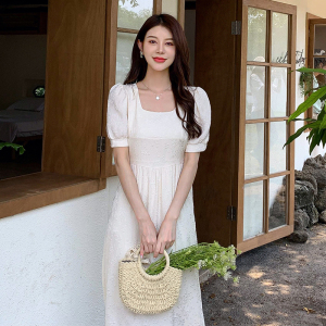 RM18946#夏季韩版高级感小香风泡泡袖方领连衣裙法式复古提花纯色长裙