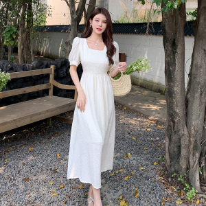 RM18946#夏季韩版高级感小香风泡泡袖方领连衣裙法式复古提花纯色长裙