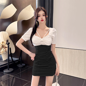 High elastic cotton tight fitting buttocks pleated and slimming bottom short sleeved dress