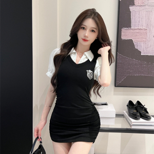 Contrast Color Sexy Design Feel Wrapped Hip Solid Short Sleeve Dress