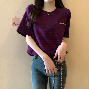 TR29002# 色织条夏装韩版宽松圆领条纹中长款短袖T恤女 服装批发女装批发服饰货源