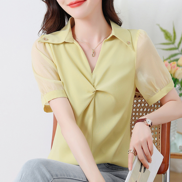 RM11594#夏季新款高品质韩版缎面雪纺衫短袖衬衫上衣女