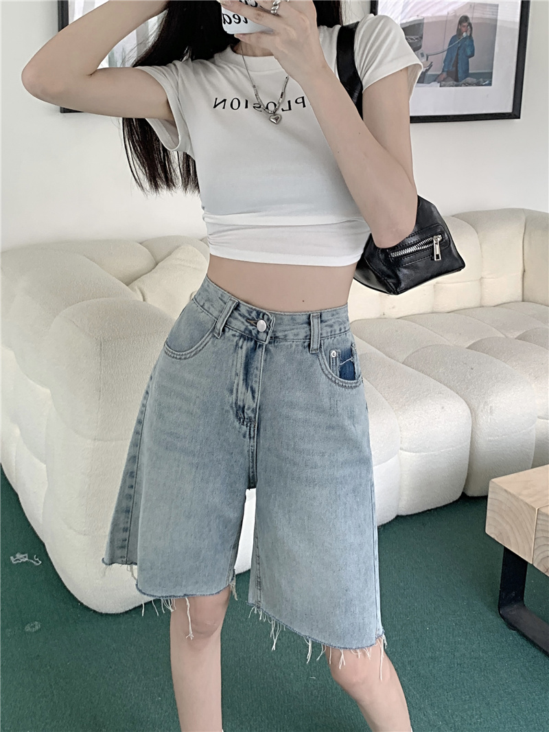Actual shot and real price~Summer new high-waist slim straight-leg loose five-point wide-leg denim shorts for women