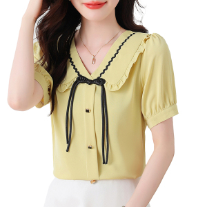 RM11593#夏季新款法式娃娃领短袖衬衫重工旗盘扣轻奢上衣