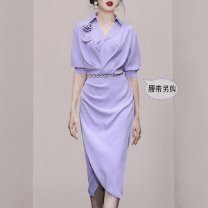 TR30664# 夏季女装新款气质浅紫色修身收腰显瘦衬衫连衣裙长裙包臀裙子