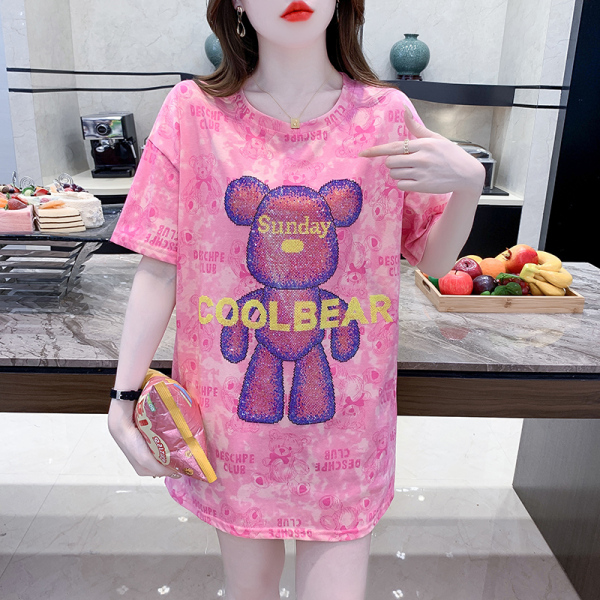 RM14173#漂亮炸街小熊烫钻粉色短袖大版t恤女宽松夏季2023新款中长...