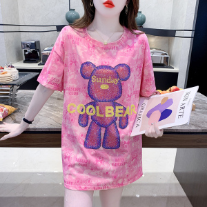 RM14173#漂亮炸街小熊烫钻粉色短袖大版t恤女宽松夏季2023新款中长款上衣