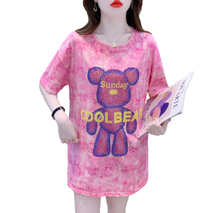RM14173#漂亮炸街小熊烫钻粉色短袖大版t恤女宽松夏季2023新款中长款上衣