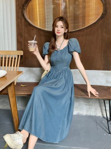 RM11258#大码女装复古港风薄牛仔连衣裙设计感收腰显瘦梨型身材裙子