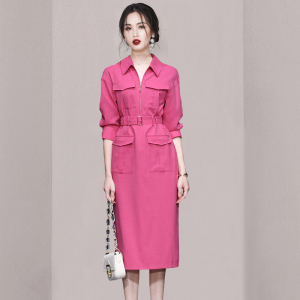 RM11856#夏季女装新款气质复古玫红色收腰显瘦工装风衬衣裙连衣裙