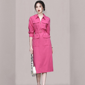 RM11856#夏季女装新款气质复古玫红色收腰显瘦工装风衬衣裙连衣裙
