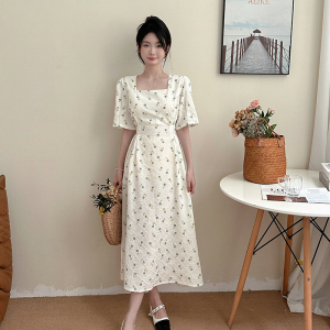 RM18632#夏季韩版大码女装短袖提花方领束腰连衣裙修身套头腰带大摆裙