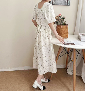 RM18632#夏季韩版大码女装短袖提花方领束腰连衣裙修身套头腰带大摆裙