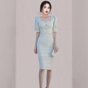 RM13850#夏新款韩版时尚气质方领泡泡袖高腰修身开叉包臀连衣裙