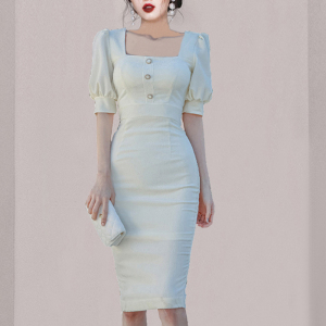 RM13850#夏新款韩版时尚气质方领泡泡袖高腰修身开叉包臀连衣裙