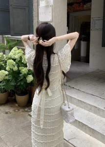 RM15663#大码法式V领蕾丝一片式系带收腰修身显瘦短袖中长款连衣裙