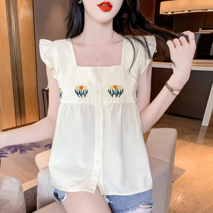 RM15876#夏季新款小个子短款娃娃衫上衣甜美小清新刺绣小飞袖衬衫女
