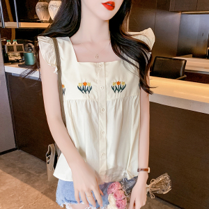 RM15876#夏季新款小个子短款娃娃衫上衣甜美小清新刺绣小飞袖衬衫女