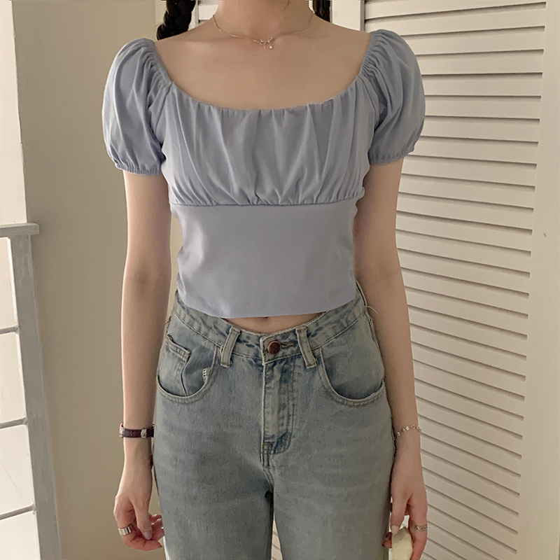 Real shot of puff-sleeved sweet top for women 2024 summer new style pleated waist slimming and versatile top