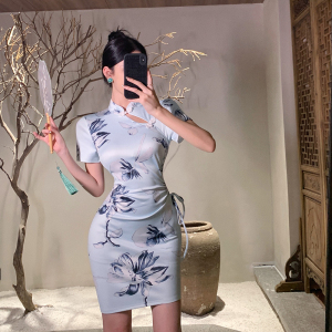 RM20158#女装复古国风修身包臀改良少女款旗袍短袖镂空连衣裙