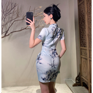 RM20158#女装复古国风修身包臀改良少女款旗袍短袖镂空连衣裙