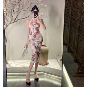 RM20159#新款女装国风修身包臀挂脖式中长款改良少女旗袍连衣裙