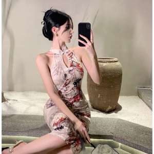 RM20159#新款女装国风修身包臀挂脖式中长款改良少女旗袍连衣裙