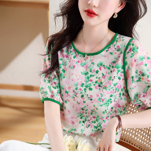 RM15592#夏季印花系带短袖上衣