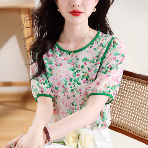 RM15592#夏季印花系带短袖上衣