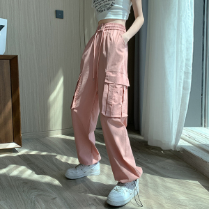 RM13907#粉色工装裤女夏季高腰显瘦垂感阔腿窄版休闲美式速干运动裤子