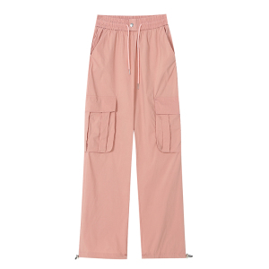 RM13907#粉色工装裤女夏季高腰显瘦垂感阔腿窄版休闲美式速干运动裤子