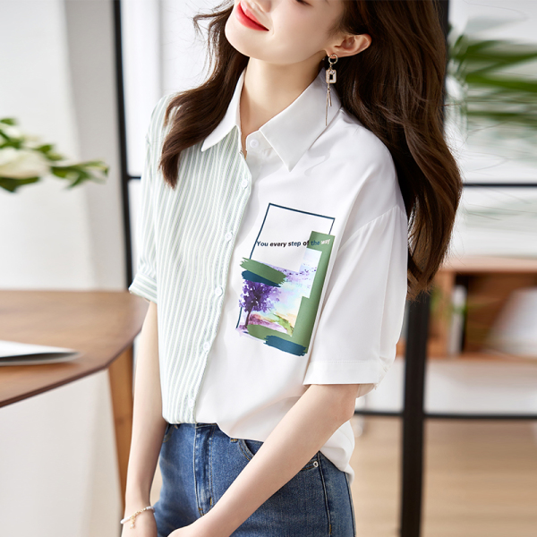 RM11567#夏款时尚印花衬衣不对称设计拼接条纹短袖衬衫女上衣