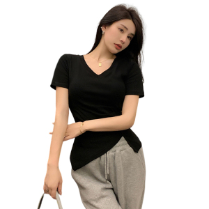 RM13540#夏季新款修身不规则打底衫显瘦褶皱小V领上衣短袖纯棉T恤女