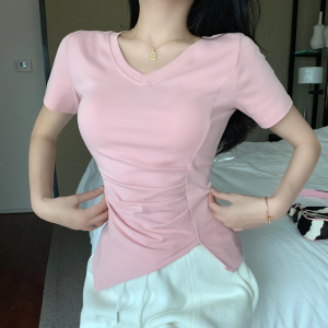 RM13540#夏季新款修身不规则打底衫显瘦褶皱小V领上衣短袖纯棉T恤女
