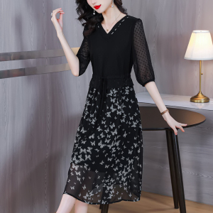 RM11613#法式高级感黑色连衣裙夏装女2023年新款妈妈雪纺大码拼接漂亮裙子