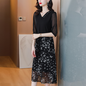 RM11613#法式高级感黑色连衣裙夏装女2023年新款妈妈雪纺大码拼接漂亮裙子