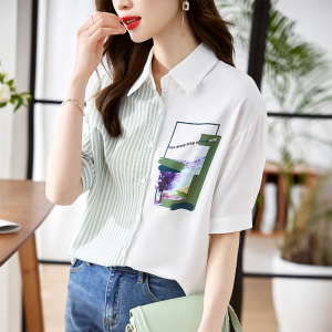 RM11567#夏款时尚印花衬衣不对称设计拼接条纹短袖衬衫女上衣