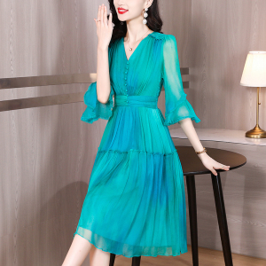 RM11625#夏季新款高端奢华纯色收腰显瘦桑蚕丝中长款连衣裙