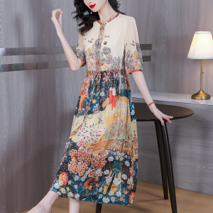 RM11615#高级感真丝连衣裙女2023夏装新款小众民族风印花桑蚕丝短袖长裙子