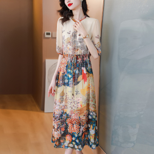 RM11615#高级感真丝连衣裙女2023夏装新款小众民族风印花桑蚕丝短袖长裙子