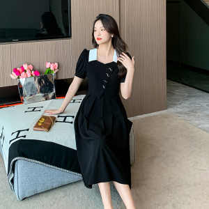 RM11637#法式复古假两件气质高腰黑色连衣裙夏季新款通勤显瘦