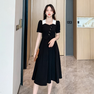 RM11637#法式复古假两件气质高腰黑色连衣裙夏季新款通勤显瘦