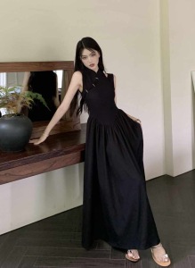 RM13103#新中式国风黑色吊带连衣裙女夏赫本风高级感收腰无袖背心长裙裙子