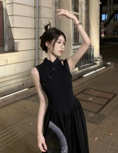 RM13103#新中式国风黑色吊带连衣裙女夏赫本风高级感收腰无袖背心长裙裙子