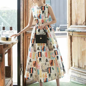 RM13177#夏季新款韩版定位印花A字伞裙法式优雅气质中长款大摆连衣裙