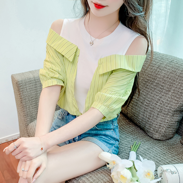 RM11607#夏季新款韩版假两件拼接条纹露肩衬衫女设计感小众洋气上衣潮