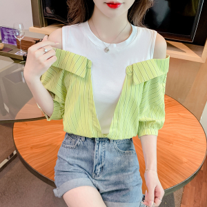RM11607#夏季新款韩版假两件拼接条纹露肩衬衫女设计感小众洋气上衣潮