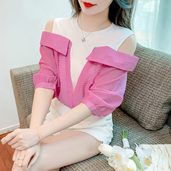 RM11608#夏季新款韩版宽松假两件拼接露肩衬衫女设计感小众洋气上衣潮