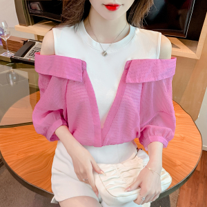 RM11608#夏季新款韩版宽松假两件拼接露肩衬衫女设计感小众洋气上衣潮