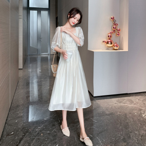 RM11841#新款灯笼袖系带收腰过膝连衣裙女夏法式温柔风高级感白色长裙